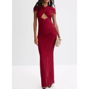 Ronny Kobo Red Ruched Maxi Dress MEDIUM Cutout Slinky Jersey Gown Designer $468